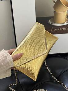 纯色纹理金属饰边单肩包，翻盖链条信封斜挎包，钱包，手机袋，适合约会/正式场合，闪亮 - 金色 - 查看 3