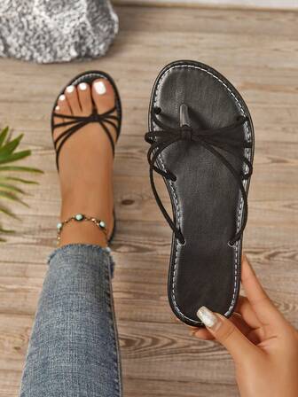 Women's Black Flat Thong Sandals, Bohemian Style Toe Post Casual Breathable Lightweight Comfortable Slip-On Slippers