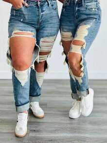 Women's Casual Ripped Washed Denim Jeans Long Tapered Carrot Style With Button And Zipper Details, High Stretch Fabric For Sexy Elegant Look - 中等水洗藍 - 查看 3
