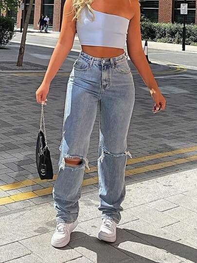 Pantalones vaqueros informales de mujer de tiro alto, corte recto y estrecho con rotos en las rodillas