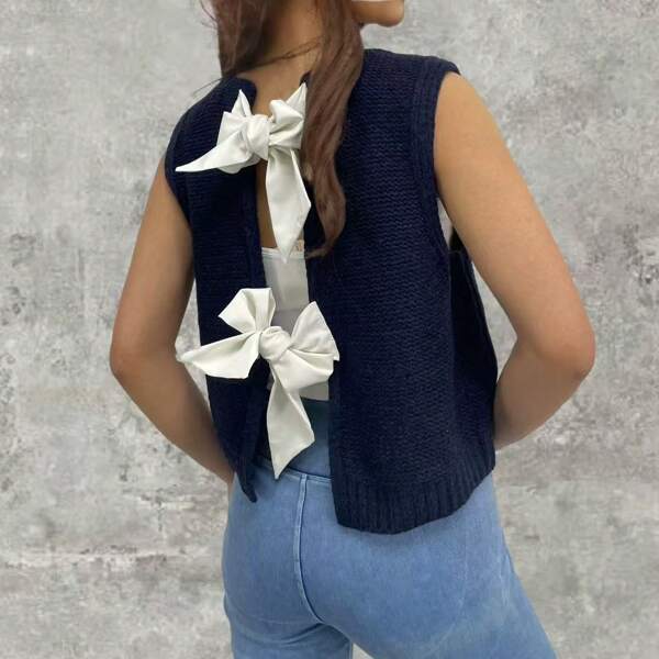 Neighborhood Cute Bowknot Sleeveless Crop Top, Minimalist Fashion Versatile Sleeveless Sweater For Autumn/Winter