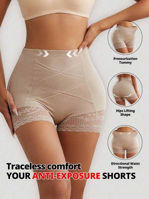 FLARIXA Calcinha feminina de cintura alta com controle de barriga e renda, modeladora pós-parto, boxer sob as saias, roupa íntima, levantador de bumbum, modelador anti-rolamento