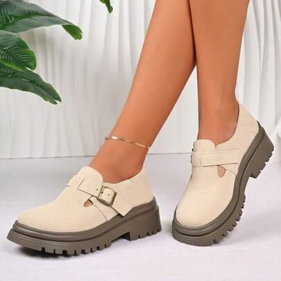 Women's Thick Sole Shoes, New Spring/Summer Versatile Chunky Heel Retro Buckle Loafers, Comfortable Bohemian Slip-On Flats