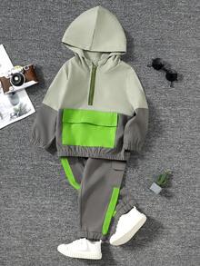 Baby Boy 2pcs Casual Color Block Hooded Top And Pants Outfit, Cargo Style - Grey - View 6