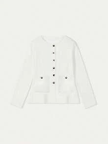 FOR BEAUTY Women's New Knit Cardigan, Suitable For Spring, Autumn And Winter, Casual Minimalist Style, Round Neck Long Sleeve With Metal Buttons, Fashionable And Elegant For Commuting, Solid White Open Cardigan - White - View 2