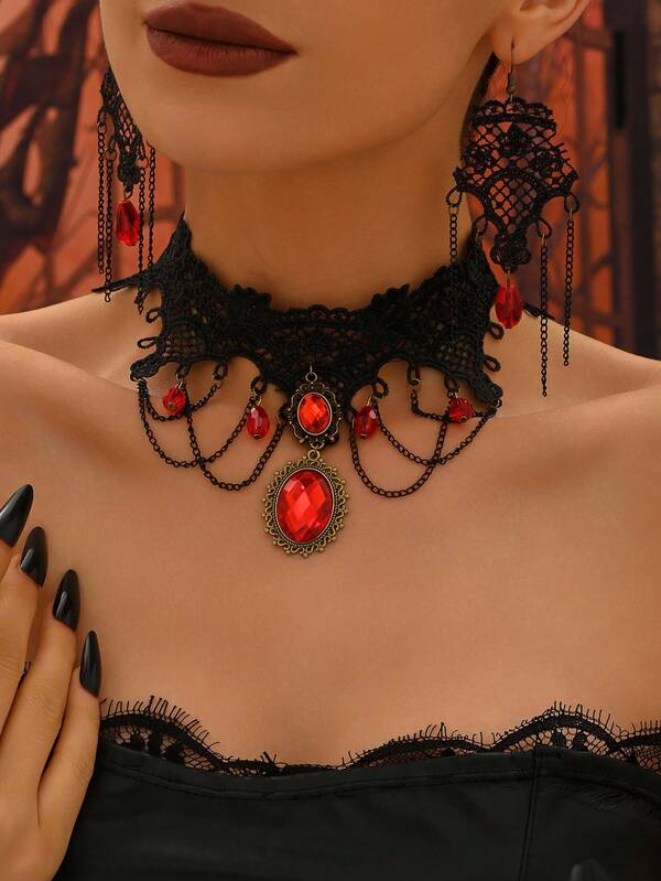 1 套 3 件哥特式复古设计微镶嵌红色仿宝石吊坠蕾丝颈链、流苏耳环套装，适合万圣节派对和宴会