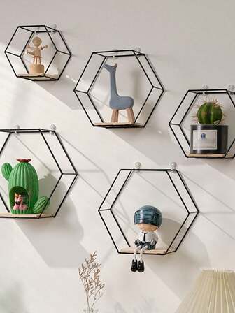 3pcs/1pc Gold Hexagon Wall Shelf, Home Decor Wall Mounted Storage Rack, Book Display Shelf, Iron Art Storage Rack, Wall Shelf