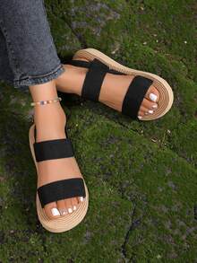 Giày sandal đế xuồng quai đôi tối giản cho nữ, chất liệu vải lanh kaki, nhẹ, thường ngày, phù hợp đi biển, mặc hàng ngày, mùa hè và mùa thu - Thẻ đen - Xem 5
