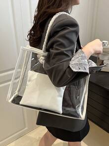 2件套时尚拼色透明沙滩手提包女士 - 白色 - 查看 7