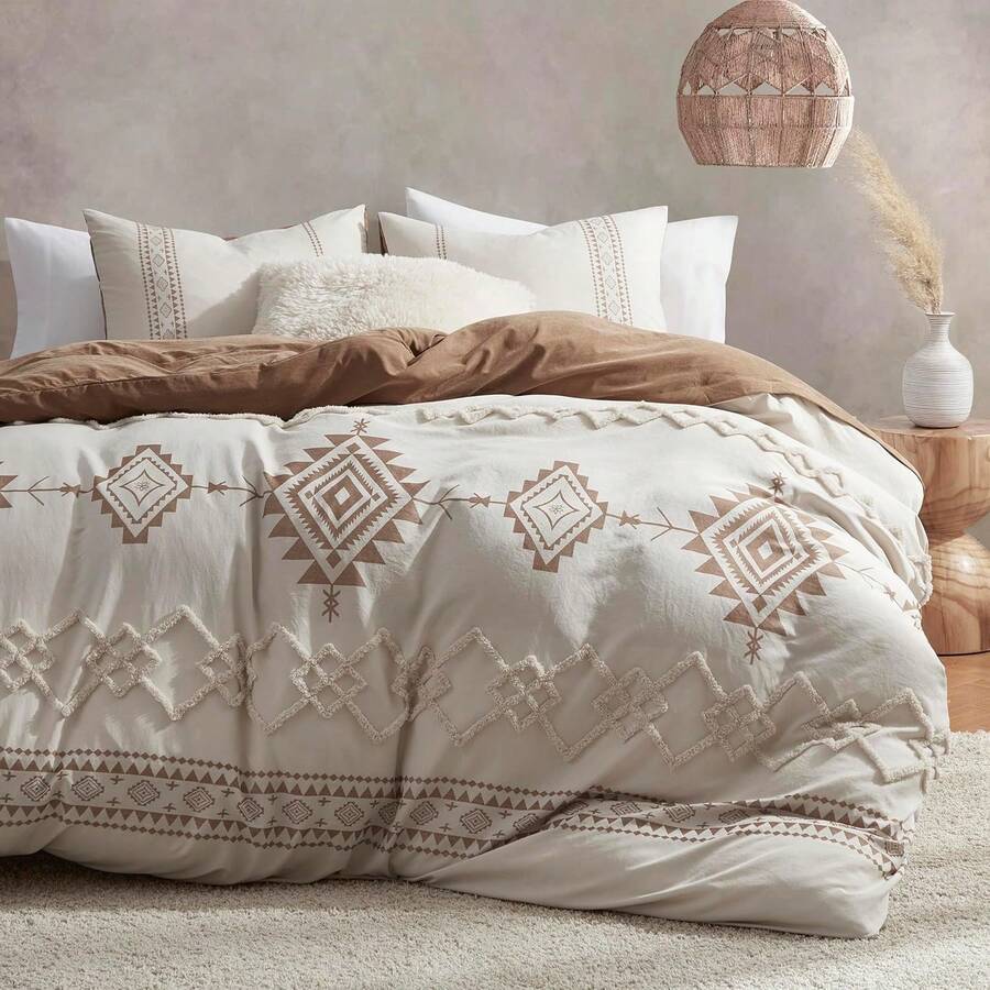 MuMullum Beige & Terracotta Quilt Cover Set Vintage Bohemia Duvet Cover Single, 2pcs Tufted Ultra-Soft Microfiber Bedding Set Boho Duvet Cover Set (Beige & Terracotta, Single) - 米色和赤陶色 - 查看 1