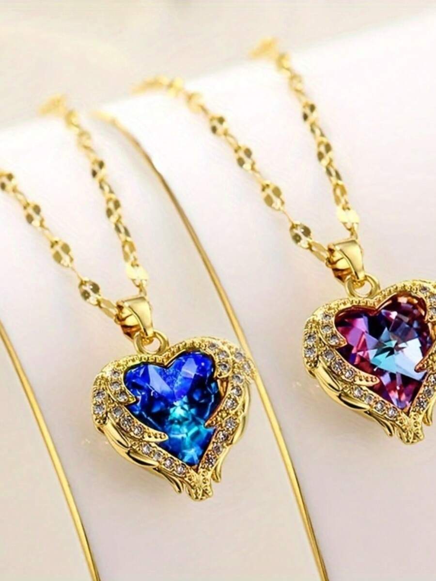 1 Piece Women's Stainless Steel Sea Theme Crystal Heart Shaped Pendant Necklace Holiday Gift - Vàng - Xem 1