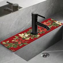 1pc/90pcs Winter, Poinsettia Flowers Printed Faucet, Water-Absorbing Drying Mat, Retro Coffee Water-Absorbing Quick-Drying Mat, Rubber-Based Toilet And Kitchen Countertop Faucet Water-Absorbing Drying Mat, Suitable For Faucets Used In Offices, Commercial Farms And Homes, Decorative Store Kitchen Decorations