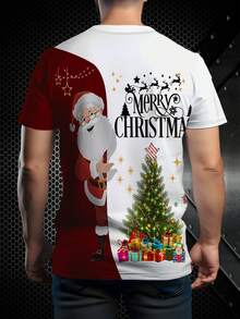 男士 3D 印花圣诞老人和圣诞快乐图案 T 恤 - 假日休闲圆领短袖，可水洗面料，白色和红色撞色街头风上衣 - 白色 - 查看 3