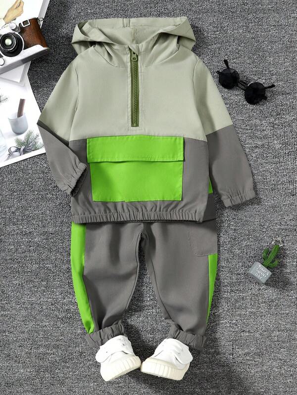 Conjunto informal de 2 piezas para bebé niño con top con capucha y pantalones estilo cargo de bloques de color