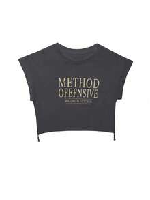 女士字母印花圆领白色短袖 T 恤，夏季宽松抽绳上衣，设计细节