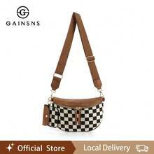 GAINSNS Checked Pattern Crossbody Bags For Women, Women's Fanny Pack With Headphone Bag, Fashion Shoulder Bag With Adjustable And Removeable Straps For Daily Shopping Travel - 棕色 - 查看 2