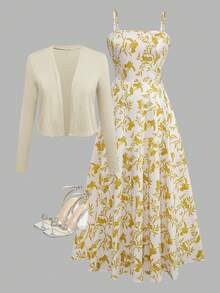 女式波西米亚花卉印花腰部喇叭形吊带背心连衣裙搭配针织开衫套装 - 黃色 - 查看 2