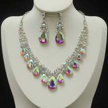 2024 年春季新款 2 件套女士项链耳环套装，欧美风格，优雅迷人，水钻镶嵌，新娘婚礼首饰，锁骨链和耳环 - 2件套項鍊耳環套裝 - 查看 7