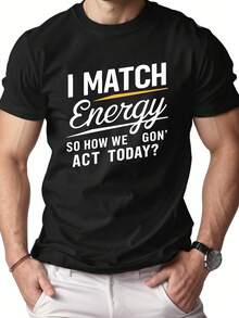 Camiseta de hombre I MATCH Energy 100% algodón de corte cómodo - Camiseta de verano suave y transpirable con estampado gráfico y geométrico llamativo "I MATCH Energy", cuello redondo clásico, manga corta, estilo casual para atuendos informales, camiseta de corte relajado. - Negro - Ver 2
