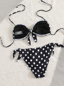 2025 New Sexy Polka Dot Print Halter Neck Tie Front Frill Trim Top And Side Ruffle Tie Front Bottom 2 Pieces Bikini Set - Black and White - View 6