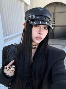 Unisex Couple Beret Hat, Suitable For All Seasons, Original Design, Rock Fashion, Leopard Print, Navy Blue Beret, Personalized Rivet Leather Buckle, Retro Leather Newsboy Cap, Metal Spider Decoration, Punk PU Leather Distressed Octagonal Cap - Butterfly - View 2