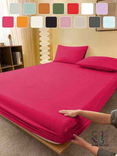 2/3 件纯色深粉色床笠套装（1 件床笠+1/2 件枕套）、床垫保护套、床垫罩、床单套装、柔软透气、适用于所有尺寸的床 - 单人床、双人床、特大号床、大号床单深口袋，最大 11.8 英寸家纺