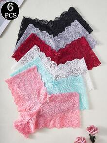 6 piezas/paquete Bragas de mujer de unicolor con encaje en la cintura, pantis de encaje romántico para damas - Multicolor - Ver 3