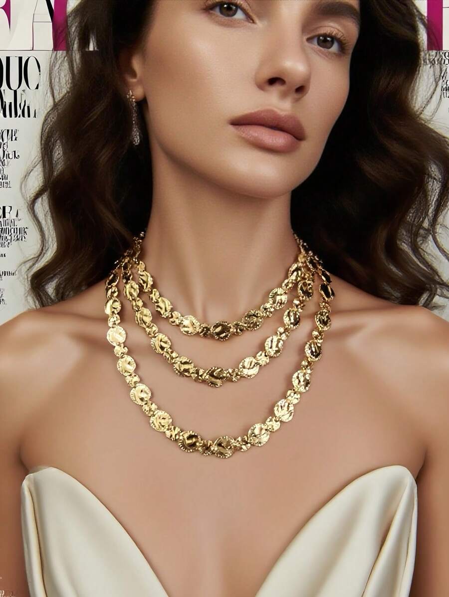 1pc Exaggerated Alloy Layered Coin & Badge Decor Necklace, High-End Design