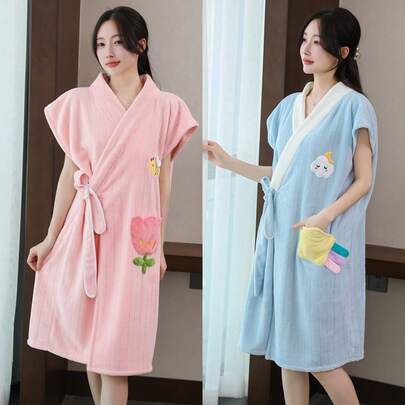 1 Stück Damen Bademantel schwarz (Größe L), einfarbig aus Korallenfleece, weich, saugfähig, superfeiner Faser, schnelltrocknend, geeignet für Zuhause, Badezimmer, Schwimmbad