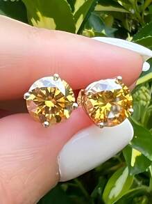 1Pair Four Claw Moissanite Stud Earrings Luxury Jewelry Gifts For Women S925 Sterling Silver Fine Ladies Jewelery Gift - Gold Four-claw Earrings - View 5