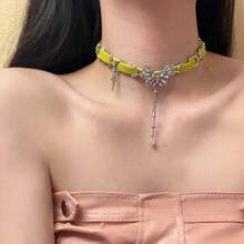 1Pcs Bohemian Butterfly Choker Necklace - Adjustable Leather Collar With Metal Beads & Glass Gem Accents, Vintage Festival Necklace For Music Events, Y2K Brown Goth Jewelry - 棕色 - 查看 6