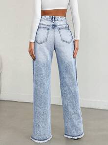 女士舒适休闲直筒牛仔裤，带磨损下摆，口袋和纽扣等时尚细节，纯色长裤适合日常穿着、旅行、春夏秋冬 - 藍色 - 查看 6