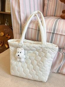 1 件女士加厚绗缝单肩托特包，秋冬新款泡泡包，适合女性日常使用，办公室通勤，学校，大学生，可爱清新，轻便可折叠布包 - 米色 - 查看 9