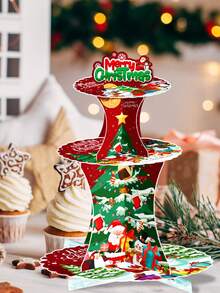 1 Juego de 3 niveles de soporte para cupcakes con decoración de tema navideño, mesa de postres de Feliz Navidad, soporte de exhibición de papel para cupcakes y postres navideños, torre de postres de frutas, apto para Navidad, fiestas temáticas, mesas de postres