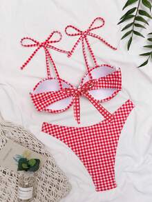Women's Summer Red Plaid Print Bikini 2-Piece Set, Girly Style, Push-Up Bikini, Underwire Bikini, Beach Holiday Outfit, Swimwear, Women's Summer Dress, Women's Summer Clothing, Festival, Ibiza Island Outfit, Women's Swimsuit, Bikini Set, Women's Swimwear, Women's Beach Outfit, Holiday Set, Beach Dress, Women's Bikini Set - Multicolor - View 3