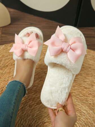 Pantuflas blancas para mujer, ligeras, cómodas y antideslizantes, con lazo tejido en color rosa, para uso en interiores