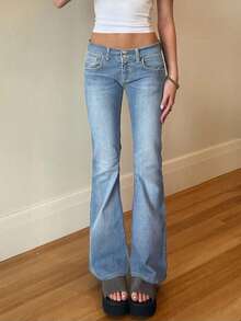 European And American Crossover Street Fashion Y2K Hot Girl Tight Low-Waist Denim Flare Pants - Light Wash - View 2