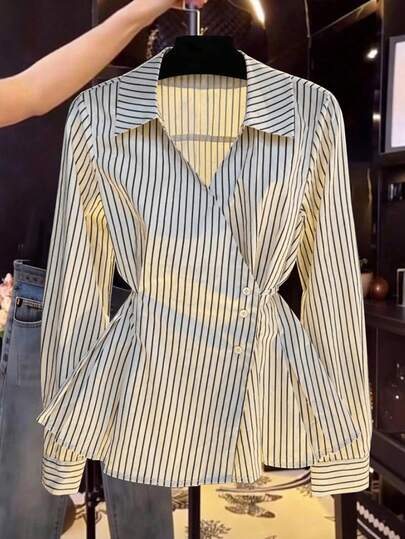 Women's Spring/Autumn New V-Neck Tie-Waist Casual Long Sleeve Blouse
