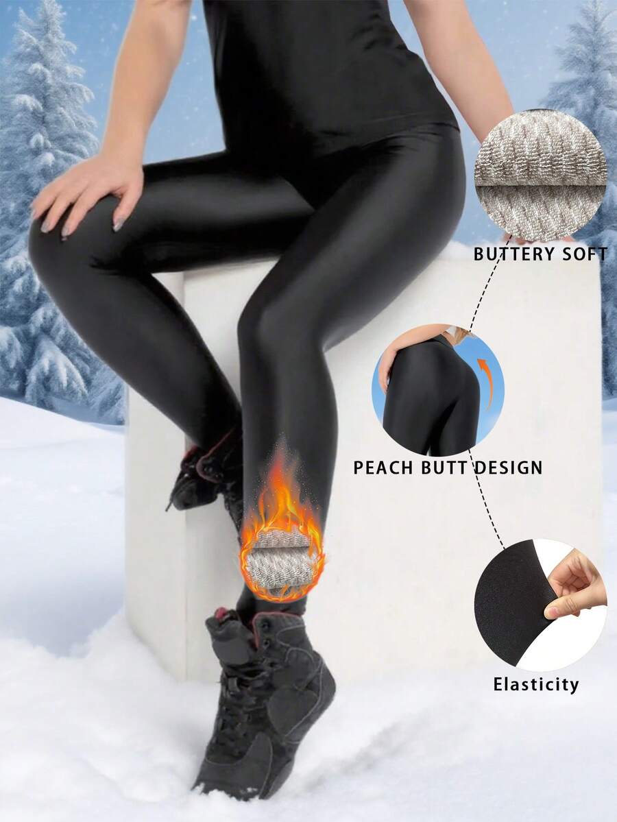 Thermisch gefütterte glänzende Leggings für den Winter, Thermische Freizeithose mit hoher Taille, Ananaskaro, dehnbar, mit ausgefranstem Saum, knöchellang - Schwarz - Übersicht 1
