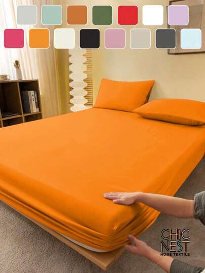 1pc Solid Color Orange Fitted Sheet, Mattress Protector, Mattress Cover For Bed, Bed Sheet, Soft And Breathable, For All Size Bed -Twin, Full, King, Queen Size Sheet Deep Pocket Up To 11.8 Inch Home Textile