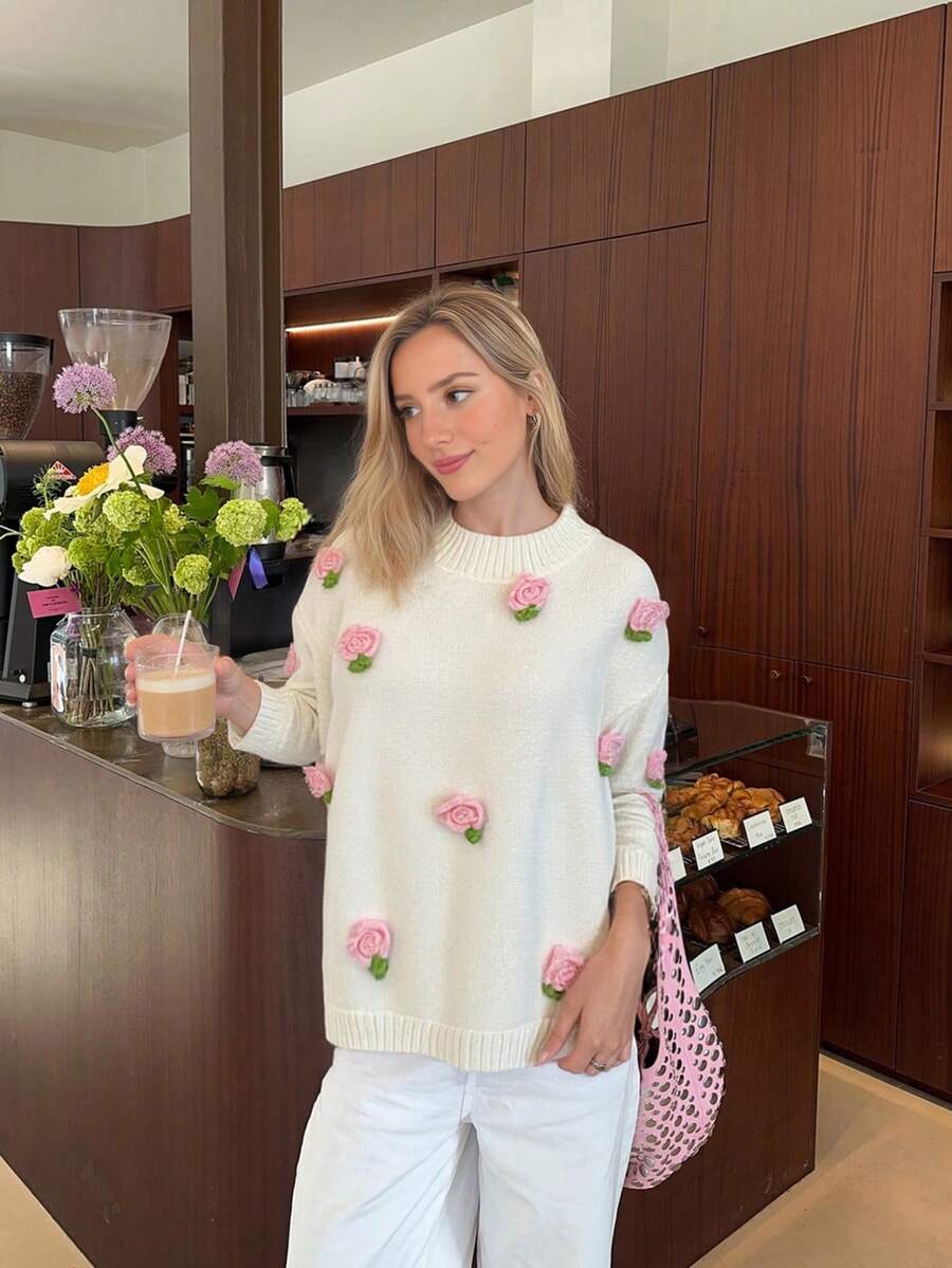 Senya Women Round Neck Long Sleeve Hand Crochet 3D Flower Knit Sweater, Casual Loose, Simple, Everyday, Romantic Dating, Holiday Sweater, Valentine's Day Pullover Top - Apricot - View 1