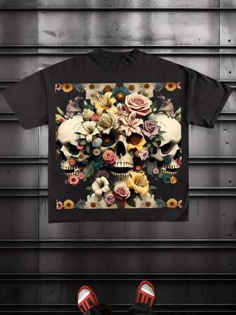 Skull In Bloom(Cotton T-Shirt) Men's Round Neck Short-Sleeved Cotton Casual T-Shirt, Loose Style, Versatile, Unisex, Suitable For Holiday Trave