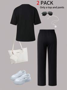 女士夏季套装（2件套） - 休闲字母印花圆领短袖T恤和高腰抽绳直筒裤（黑色） - 黑色 - 查看 4