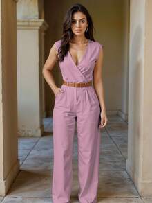 Palazzo Elegante Con Escote Cruzado Cintura Ajustada Con Cinturón Pantalón Recto Amplio Para Eventos Casuales o Formales Prenda Femenina Moda - Palo de rosa - Ver 1