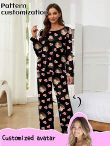 Printstory Customized Women's Pajama Set, Unique Big Head Photo, Couple Face Replacement, Holiday Atmosphere - Black - View 1