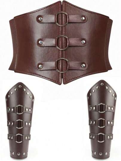 1 Set de 3 piezas de Cinturón de Cintura y Brazaletes de Estilo Medieval Vikingo Renacentista, Accesorio Retro Adecuado para Disfraces de Halloween
