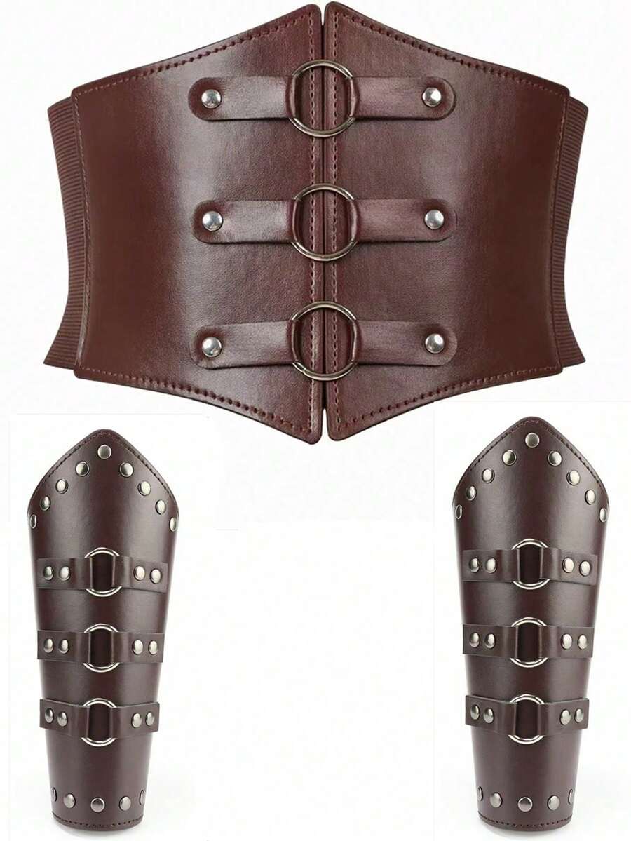 1 Bộ 3 chiếc thắt lưng và vòng tay phong cách Phục Hưng Viking thời Trung Cổ, Bộ phụ kiện cổ điển, Thích hợp cho trang phục hóa trang Halloween - A - Xem 1