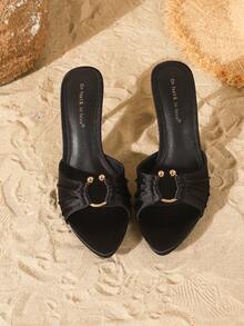 On feet& in love Dép cao gót hở mũi kim loại khóa tròn satin xếp ly thời trang thu đông cho nữ, thích hợp mặc váy mùa hè, thanh lịch - màu đen - Xem 8