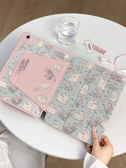 1 Piece Cute Cartoon Rabbit Double-Sided Pattern Ipad Tablet Protective Case, 720° Rotating Anti-Bend Transparent Acrylic Hard Shell, Thickened Silicone Four Corners To Prevent Falling, Supports Automatic Wake-Up/Sleep, Suitable For Ipad 10th/9th, Pro 11 2024, Ipad 11 2025, With Pen Slot To Support Multiple Angles, Daily Office Learning Protective Case