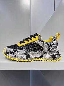 轻便透气网眼时尚百搭厚底休闲运动鞋，适合男士，四季皆宜 - 黑色 - 查看 4